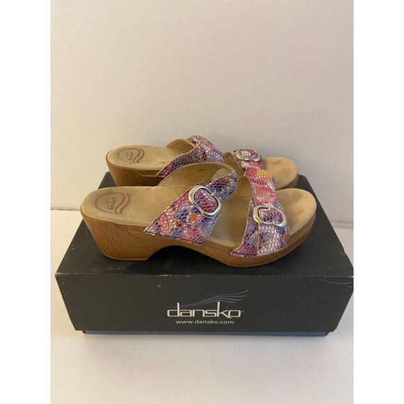 Dansko Heels 2 Buckles size 38 Purple Pink Animal Print USA 7 - Picture 1 of 7